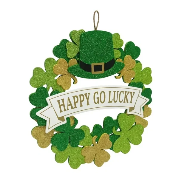 15.75” Happy Go Lucky St. Patrick's Day Shamrock Hanging Wreath - Picture 2 of 3